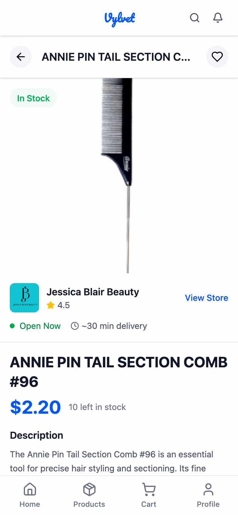 A product page in the Vylvet app