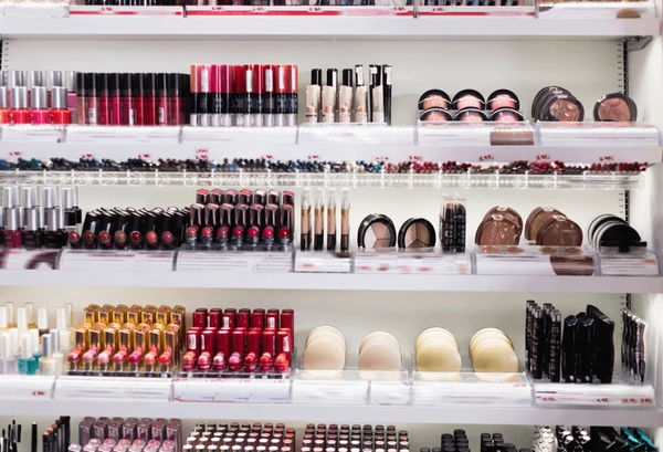 Colorful variety of beauty products on shelves